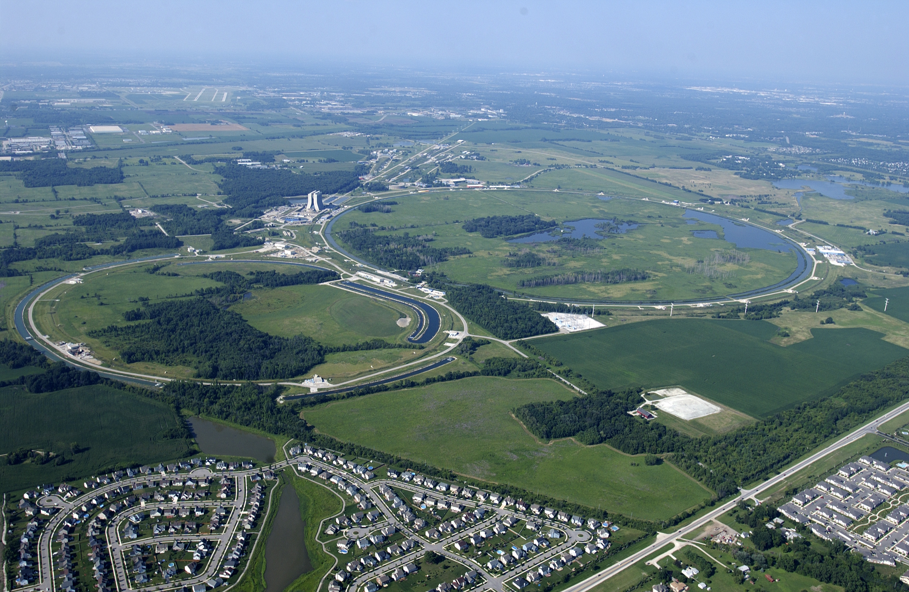 Aerial view of Fermilab, a national physics laboratory in Aurora, Illinois.